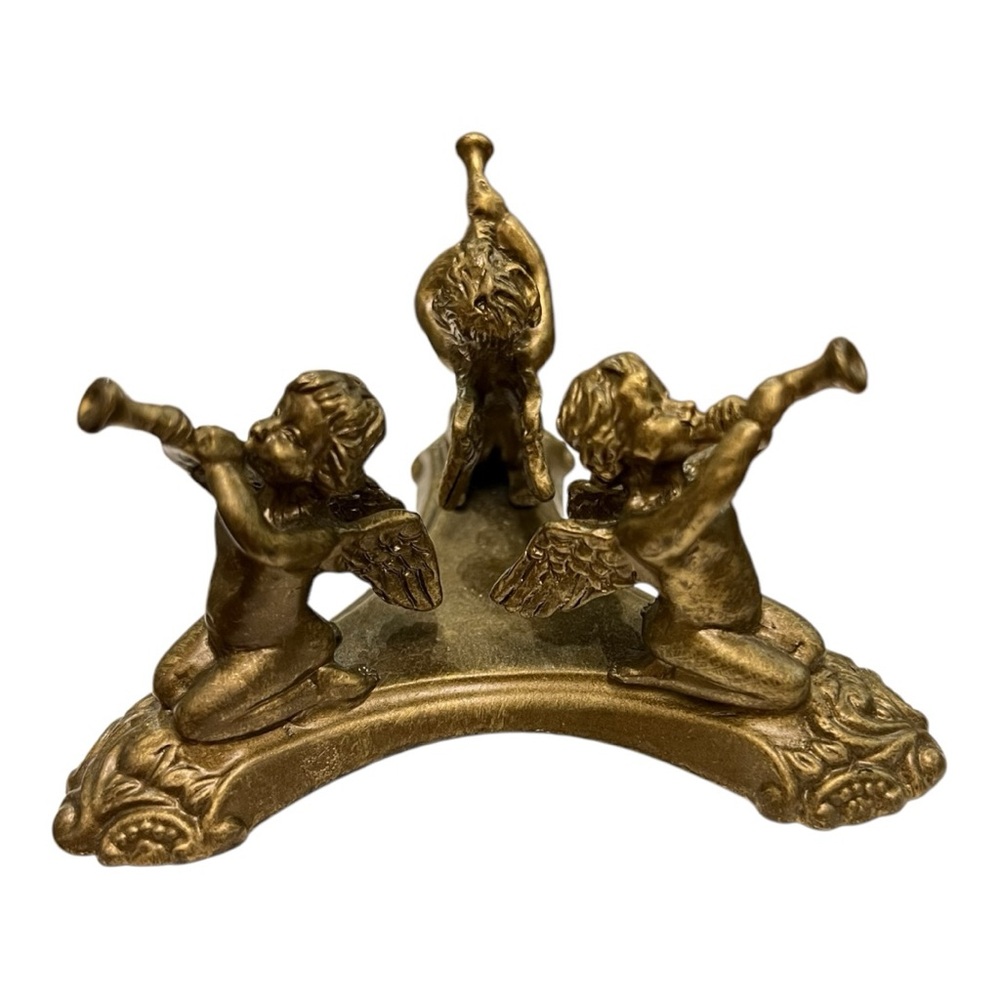 Vintage Brass Orb Stand with 3 Musical Cherub Angels Playing Horns 3.5” x 2”